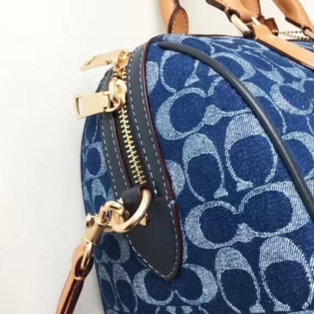Coach Blue Signature Dome Satchel with Tan Leather Trim - Picture 6 of 11